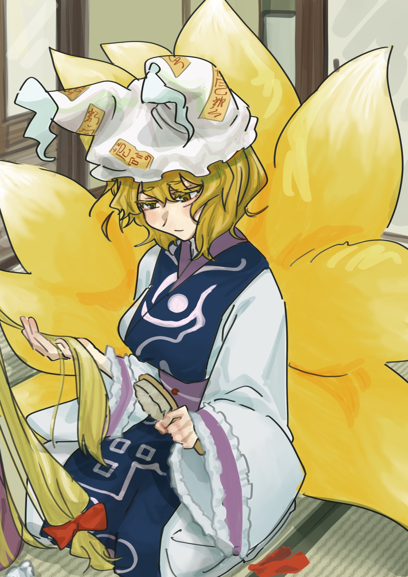 yuke yukima, yakumo ran, yakumo yukari, touhou, highres, 2girls, blonde hair, blue tabard, bow, breasts, brushing another's hair, brushing hair, closed mouth, collar, concentrating, disembodied hair, door, dress, fox girl, fox tail, frilled sleeves, frills, hair between eyes, hair bow, hair brush, hat, holding, holding another's hair, holding hair brush, indoors, kneeling, large breasts, long hair, long sleeves, looking down, low-tied long hair, medium hair, messy hair, mob cap, multiple girls, multiple tails, ofuda, purple collar, purple trim, red bow, seiza, sitting, solo focus, tabard, tail, unworn bow, very long hair, white dress, white hat, wide sleeves, window, wooden floor, yellow eyes