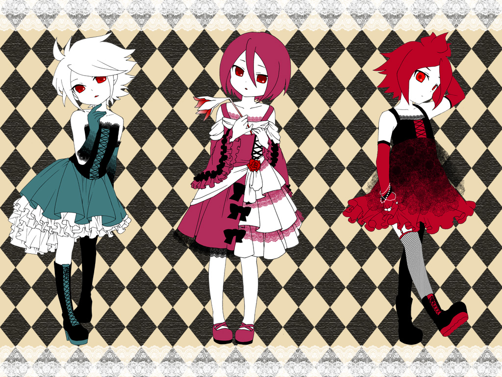 tanimo2333, burn (inazuma eleven), gran, kiyama hiroto, nagumo haruya, suzuno fuusuke, burn, inazuma eleven, inazuma eleven (series), bad id, bad pixiv id, 00s, 3boys, bare shoulders, boots, bracelet, child, colored skin, crossdressing, crossdressing (mtf), dress, elbow gloves, fishnets, flower, garter straps, gloves, gothic lolita, jewelry, lolita fashion, male focus, multiple boys, red eyes, red hair, rose, thighhighs, trap, white hair, white skin