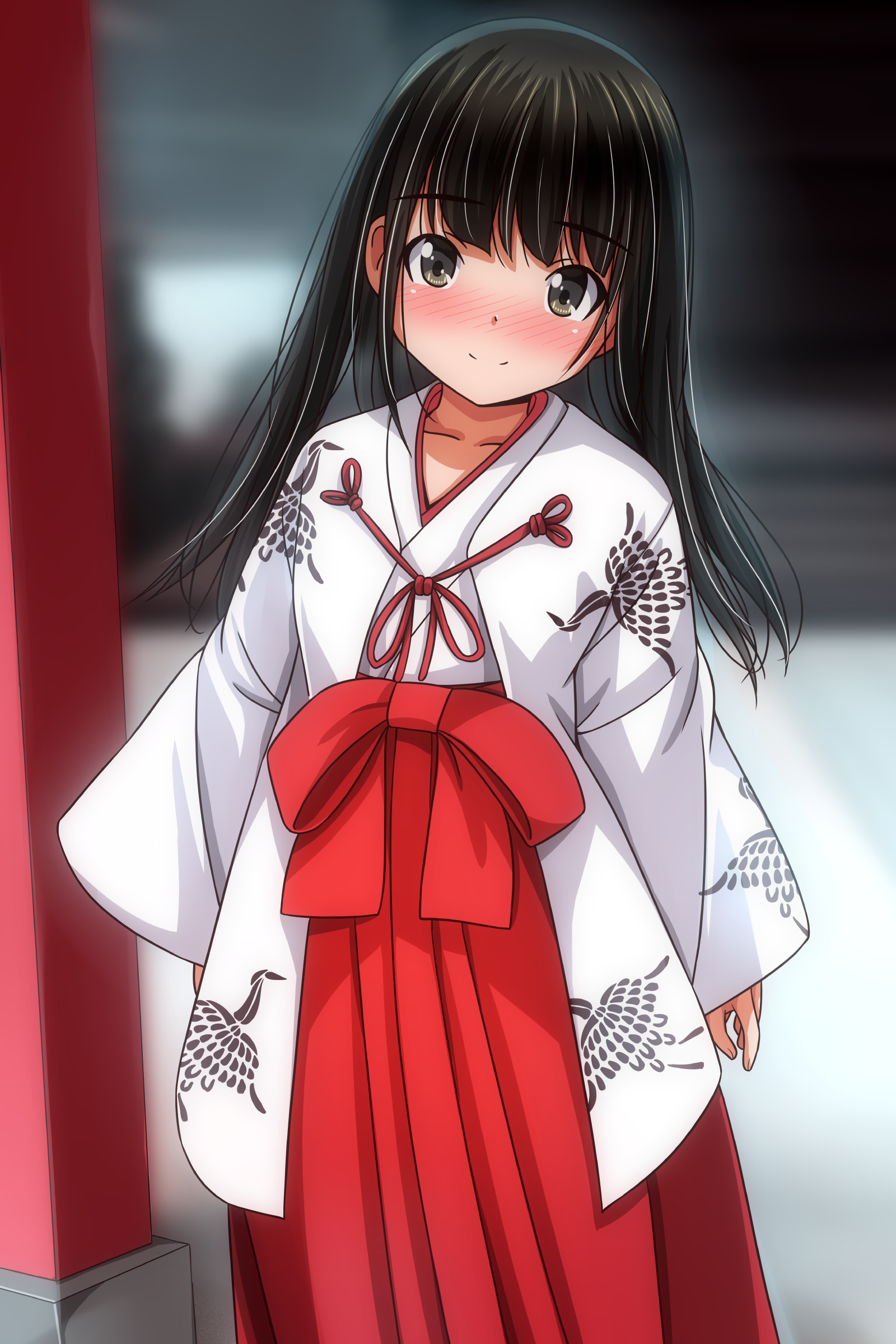 matsunaga kouyou, original, absurdres, commentary request, highres, 1girl, animal print, bird print, black hair, blurry, blurry background, blush, brown eyes, closed mouth, collarbone, day, hakama, hakama skirt, japanese clothes, kimono, long hair, long sleeves, looking at viewer, miko, outdoors, print kimono, red hakama, shrine, sidelocks, skirt, smile, solo, standing, white kimono, wide sleeves