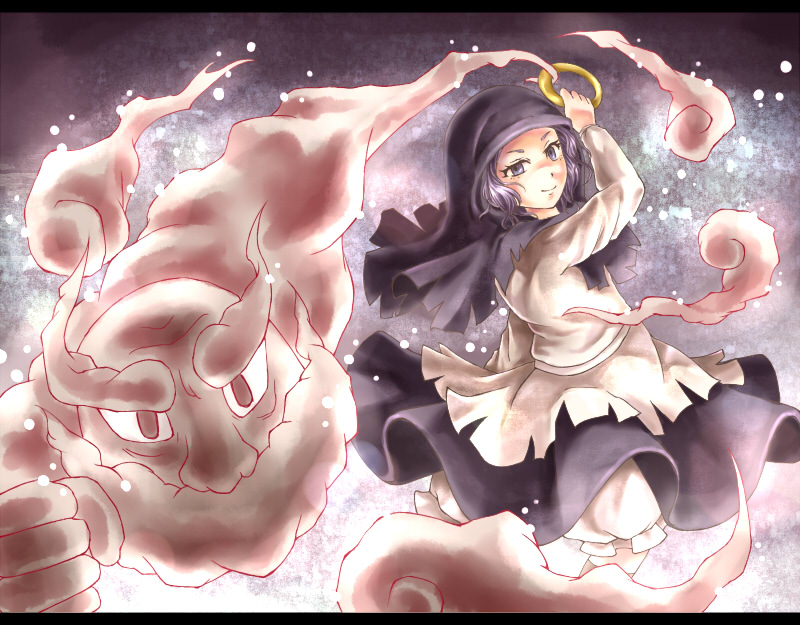 namu (artist), namuko, kumoi ichirin, unzan, touhou, bad id, 1boy, 1girl, blue eyes, blue hair, bracelet, cloud, hood, jewelry, ring