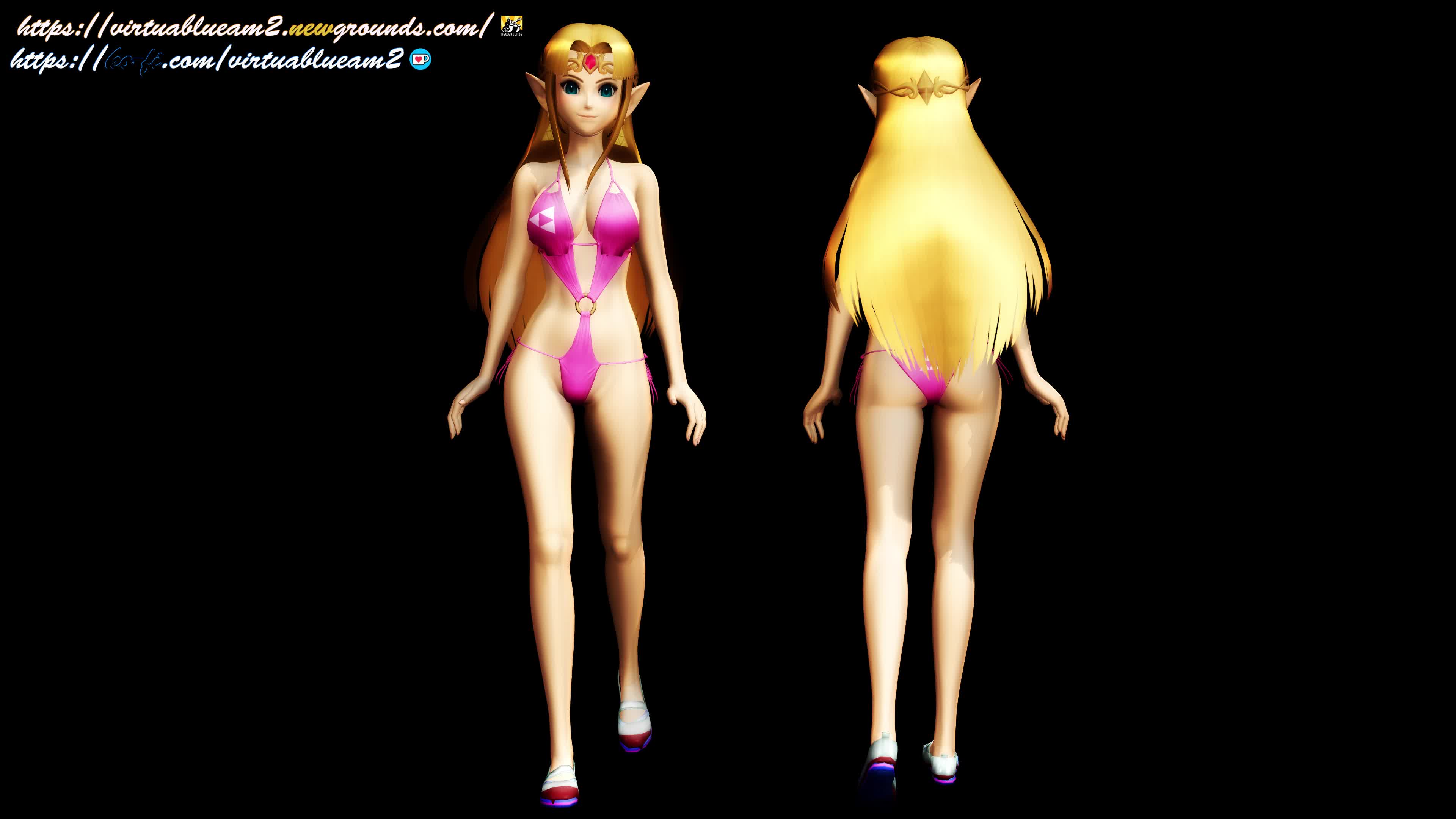 virtuablueam2, princess zelda, nintendo, the legend of zelda, absurdres, animated, highres, tagme, video, 1girl, 3d, ass, ass shake, barefoot, bikini, blonde hair, blue eyes, bouncing breasts, breasts, butt crack, cleavage, elf, feet, jiggle, large breasts, legs, long hair, looking at viewer, multiple views, navel, pink bikini, pointy ears, princess, smile, solo, swimsuit, thighs, walking