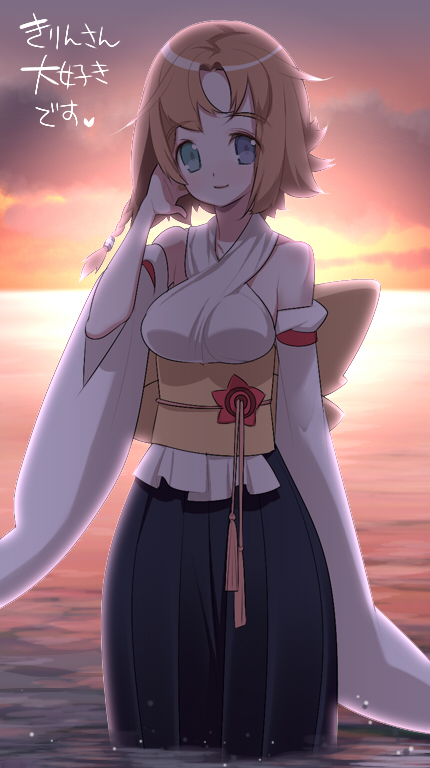 tensugi takashi, yuna, final fantasy, final fantasy x, 00s, 1girl, adjusting hair, bare shoulders, blue eyes, breasts, brown hair, detached sleeves, dress, female focus, green eyes, heterochromia, long hair, outdoors, sky, solo, sunset, water