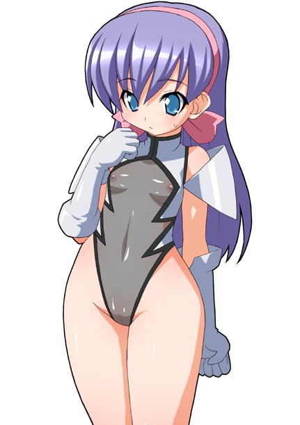 shishimaru ken'ya, lou roux, shinkon gattai godannar!!, eyebrows, light purple hair, 00s, blue eyes, flat chest, gloves, leotard, loli, simple background, white background