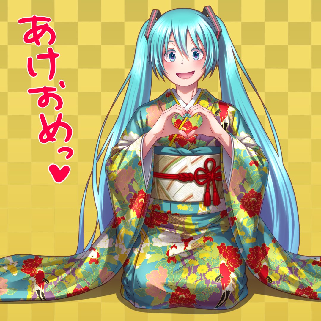 wokada, hatsune miku, vocaloid, commentary, translated, 1girl, :d, akeome, aqua hair, blue eyes, blue hair, blue kimono, blush, checkered background, colored eyebrows, colored eyelashes, dot nose, floral print, floral print kimono, full body, gradient background, hair between eyes, hair ornament, happy new year, heart, heart hands, japanese clothes, kimono, light blush, long hair, looking at viewer, new year, obi, obijime, open mouth, print kimono, sash, seiza, simple background, sitting, smile, solo, twintails, very long hair, white sash, yellow background