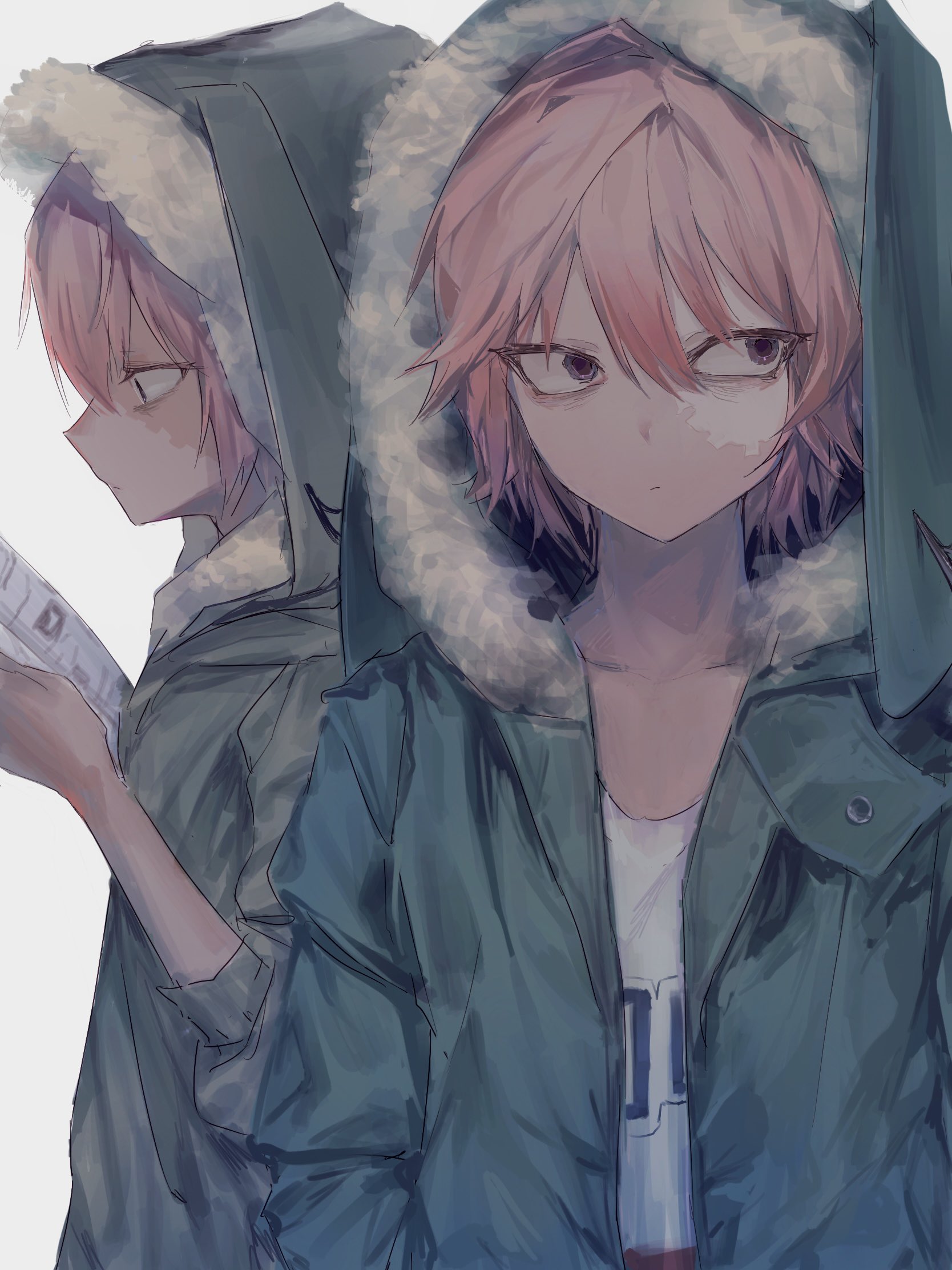 okubatomaeba, character request, commentary request, copyright request, highres, 1boy, brown eyes, brown hair, choppy bangs, closed mouth, fur-trimmed jacket, fur trim, green jacket, hair between eyes, hood, hood up, hooded jacket, jacket, looking to the side, male focus, multiple views, open clothes, open jacket, short hair, simple background, white background