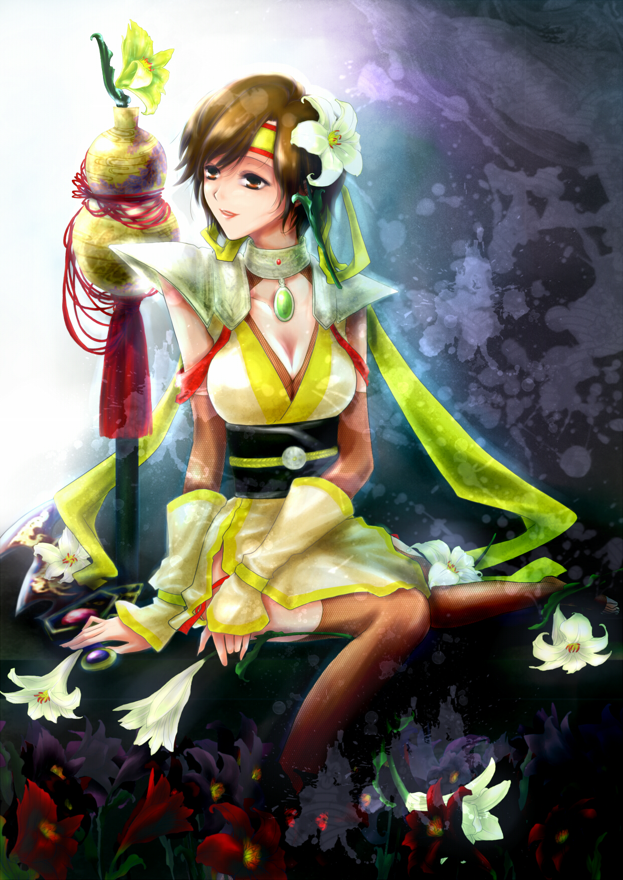 stirb und werde, nene (sengoku musou), sengoku musou, sengoku musou 2, highres, 1girl, breasts, brown eyes, brown hair, choker, cleavage, female focus, flower, headband, short hair, shoulder pads, sitting, solo