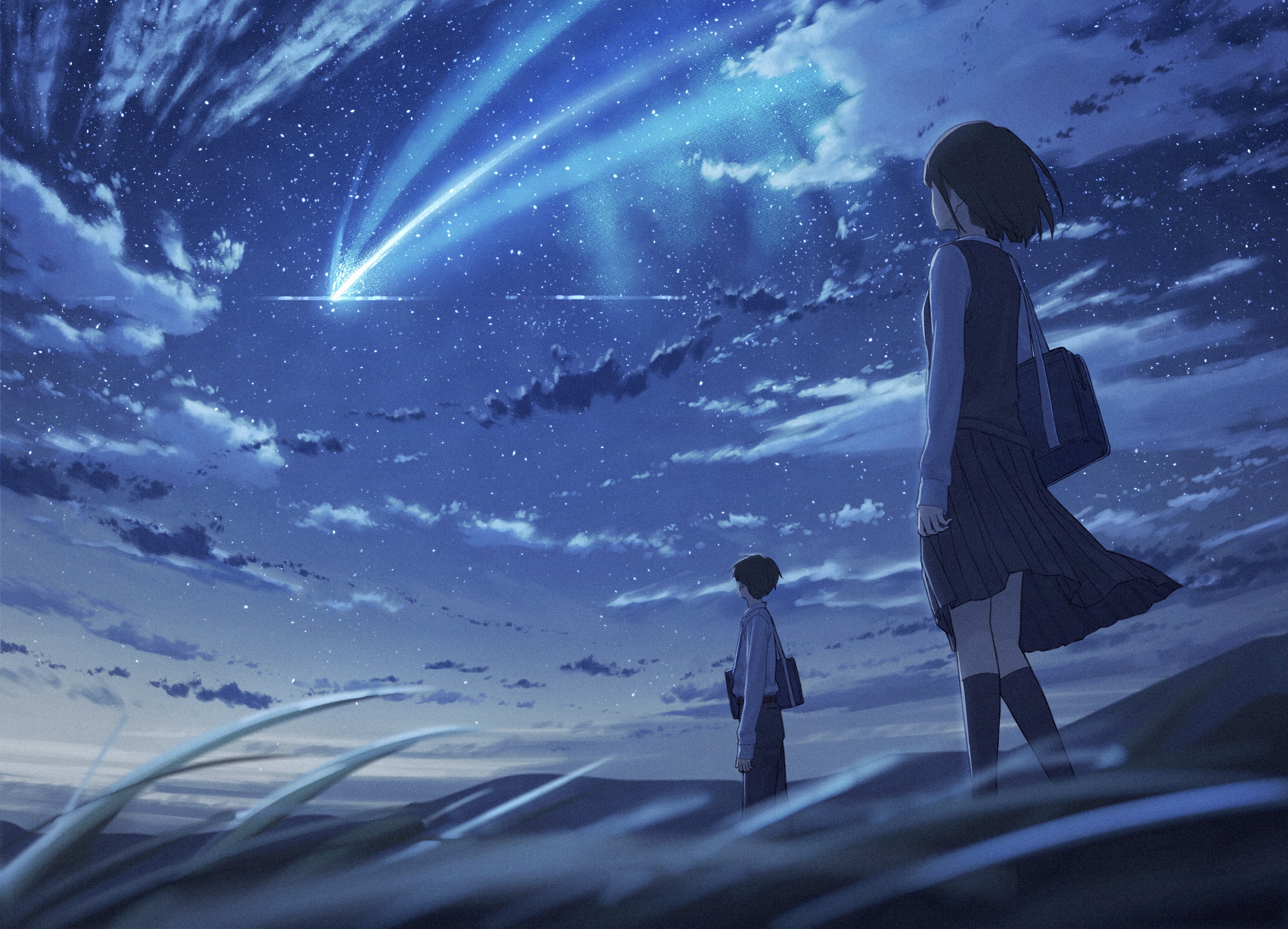 o-bana, original, commentary request, highres, 1boy, 1girl, bag, black hair, black pants, black skirt, black socks, black sweater vest, blue sky, blue theme, blurry, cloud, depth of field, field, gradient sky, grass, long sleeves, night, outdoors, pants, scenery, school bag, school uniform, shirt, shooting star, short hair, skirt, sky, socks, standing, star (sky), starry sky, sweater vest, white shirt