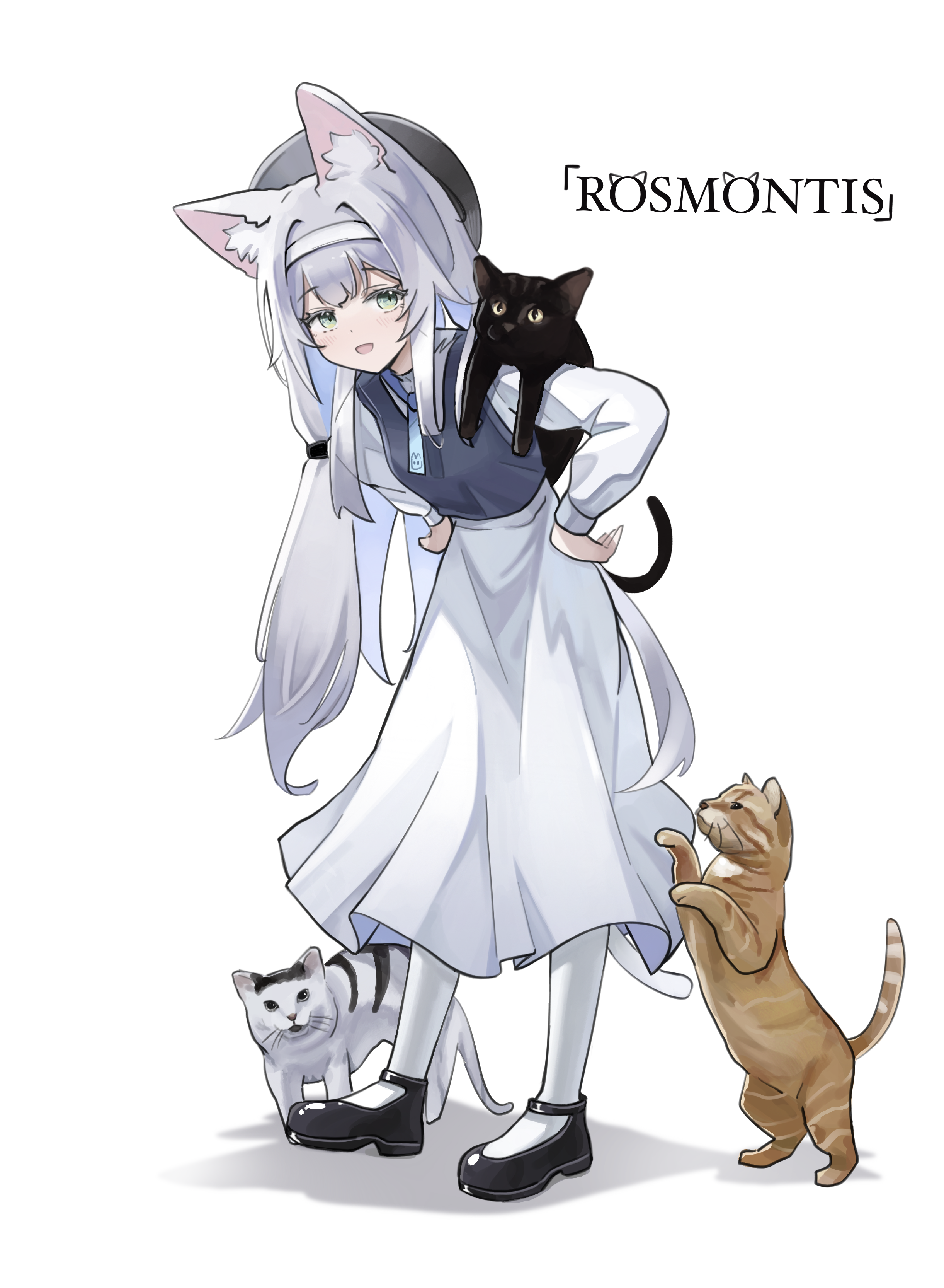cai ling, rosmontis (arknights), arknights, absurdres, chinese commentary, commentary request, highres, 1girl, :d, animal, animal ear fluff, animal ears, black cat, black shoes, black vest, brown cat, cat, character name, full body, green eyes, grey hair, hairband, hands on own hips, leaning forward, long hair, long sleeves, multiple cats, open mouth, pantyhose, shirt, shoes, simple background, skirt, smile, solo, standing, vest, white background, white cat, white hairband, white pantyhose, white shirt, white skirt