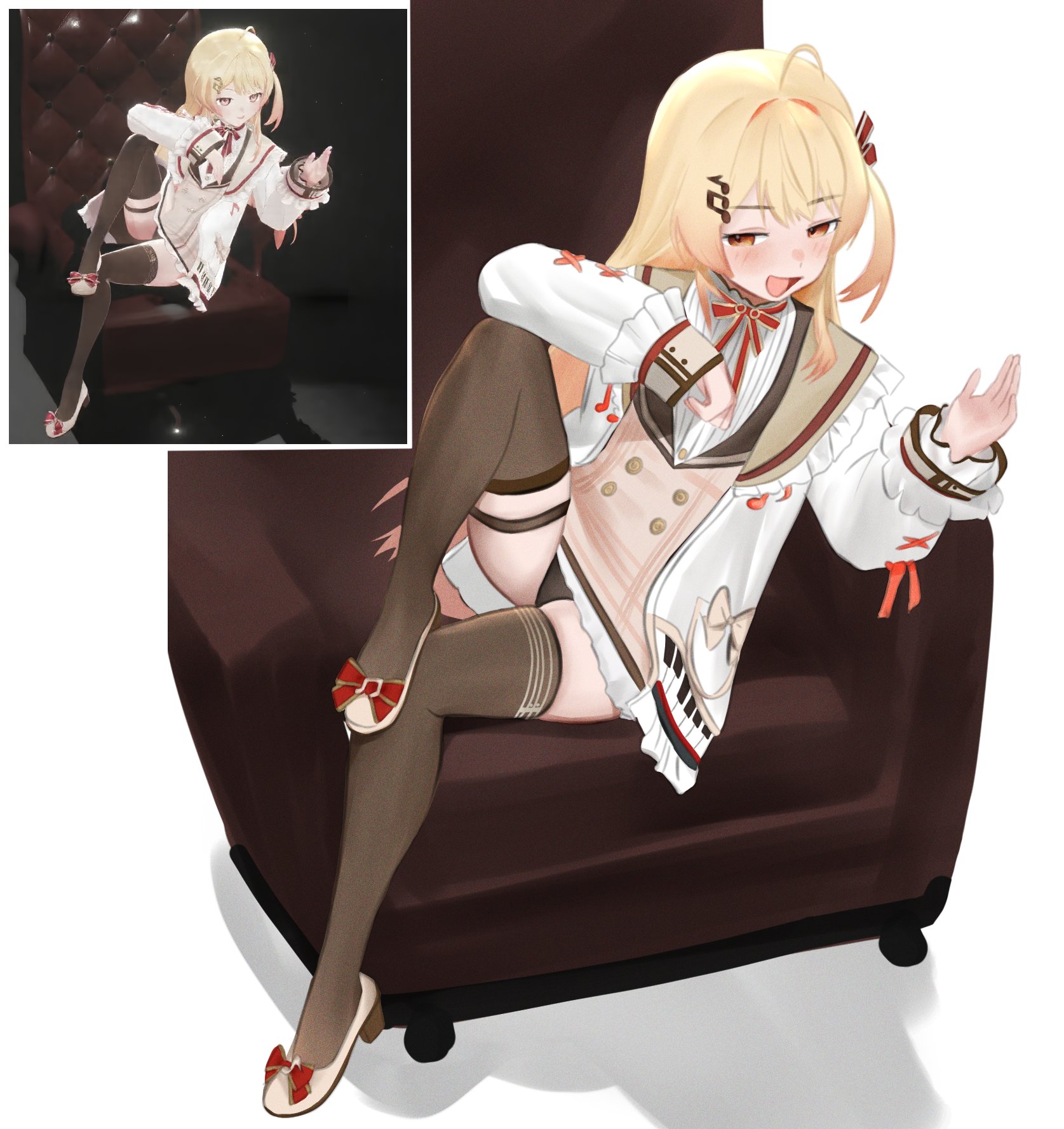 d5y0m, otonose kanade, hololive, commentary, highres, symbol-only commentary, 1girl, ahoge, blonde hair, brown sailor collar, chair, fortissimo, frilled jacket, frills, hair ornament, jacket, long sleeves, musical note, musical note hair ornament, on chair, one side up, open mouth, panties, piano print, red ribbon, ribbon, sailor collar, simple background, thighhighs, underwear, virtual youtuber, white background