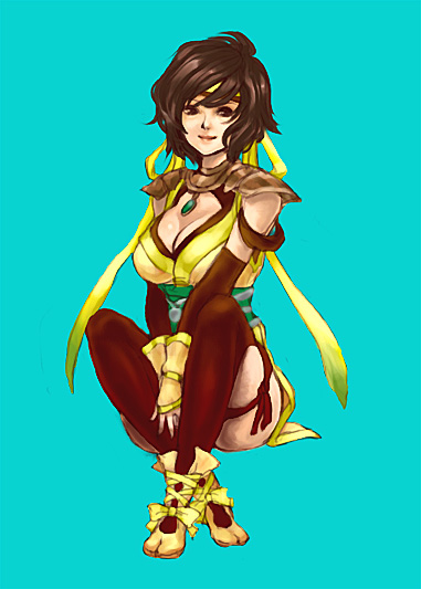 after the outing, nene (sengoku musou), sengoku musou, sengoku musou 2, 1girl, breasts, brown eyes, brown hair, choker, cleavage, female focus, full body, headband, short hair, shoulder pads, simple background, sitting, solo