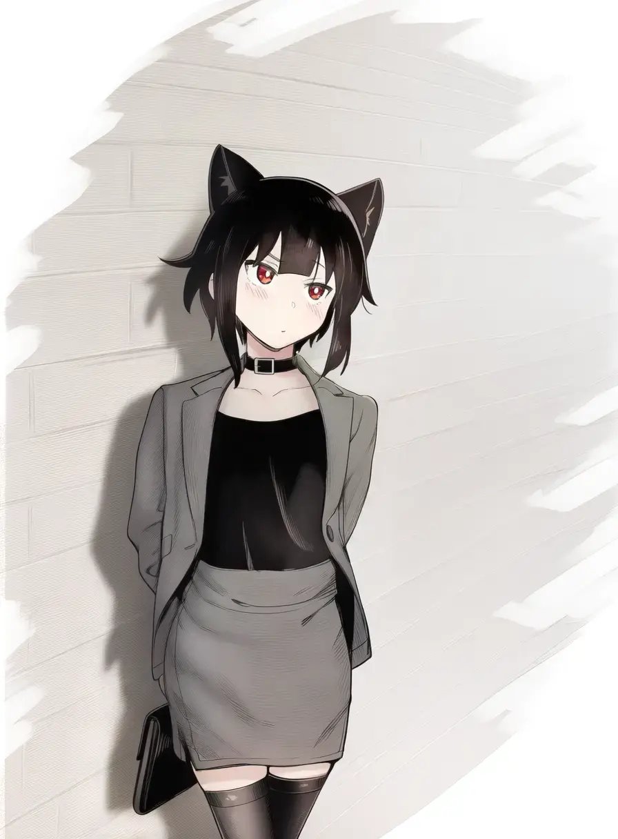 meguminimalist, megumin, kono subarashii sekai ni shukufuku wo!, commentary, english commentary, highres, alternate costume, animal ear fluff, animal ears, arms behind back, bag, belt buckle, black bag, black choker, black ears, black hair, black shirt, black thighhighs, blush, brick wall, buckle, cat ears, cat girl, choker, closed mouth, collarbone, feet out of frame, formal clothes, grey background, grey skirt, grey suit, head tilt, holding, holding bag, laptop bag, long sleeves, looking to the side, office lady, pencil skirt, red eyes, shirt, short hair, sidelocks, skirt, standing, suit, thighhighs, zettai ryouiki