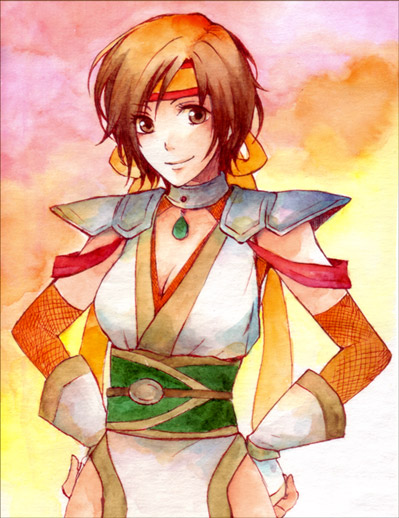 giniro musou, nene (sengoku musou), sengoku musou, sengoku musou 2, 1girl, brown eyes, brown hair, female focus, gradient background, hands on own hips, headband, short hair, shoulder pads, solo