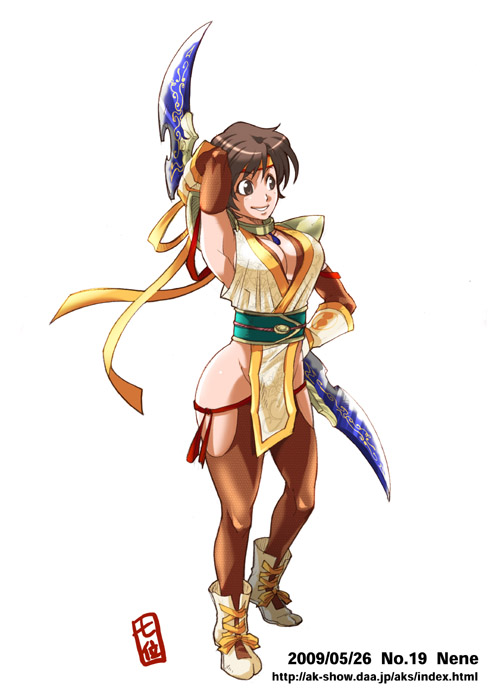 a.k-show, nene (sengoku musou), sengoku musou, sengoku musou 2, 1girl, armpits, breasts, brown eyes, brown hair, cleavage, dagger, elbow gloves, female focus, full body, gloves, headband, hip focus, knife, large breasts, short hair, smile, solo, weapon, white background, wide hips