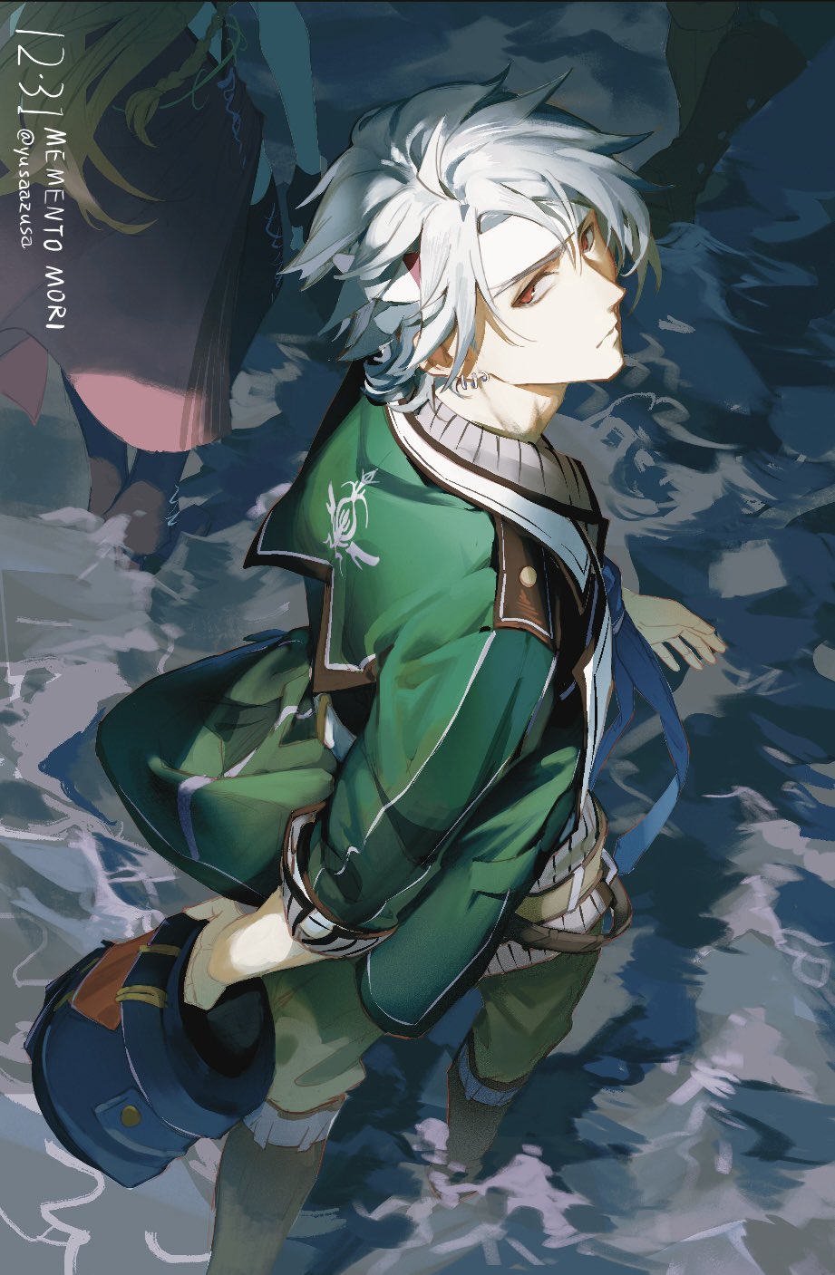 yusaazusa, crow armbrust, scarlet (eiyuu densetsu), eiyuu densetsu, sen no kiseki (series), sen no kiseki i, commentary, highres, 1boy, 1girl, blue necktie, dated, earrings, english text, floating neckwear, from above, green jacket, green pants, headband, helmet, holding, holding unworn helmet, jacket, jewelry, looking at viewer, necktie, pants, parted bangs, red eyes, school uniform, short hair, standing, standing on liquid, thors military academy school uniform, twitter username, unworn headwear, unworn helmet, white hair, white headband