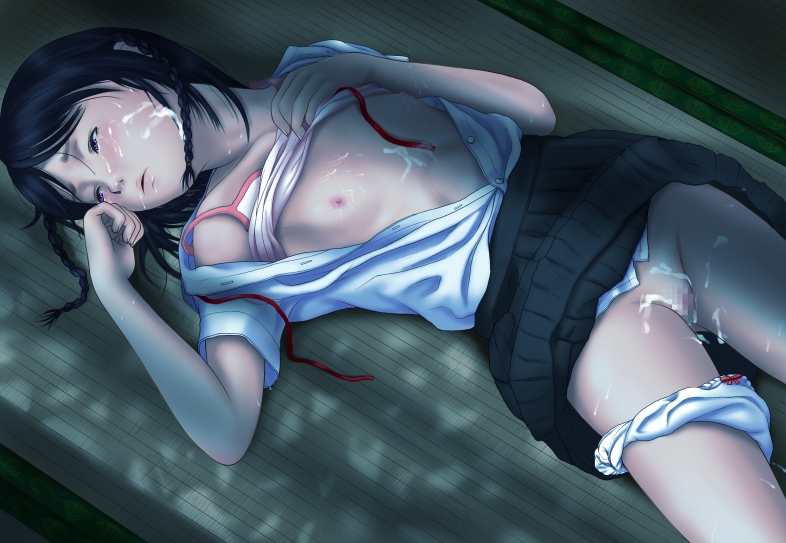 miyaba tsubame seki, shoujo chitai gashuu, after rape, aftersex, black hair, blush, breasts, breasts out, censored, clothes lift, cum, cum in pussy, cum on body, cum on upper body, cumdrip, facial, flat chest, loli, lying, nipples, no bra, open clothes, open shirt, panties, panties around leg, rape, school uniform, shirt, skirt, skirt lift, underwear, white panties