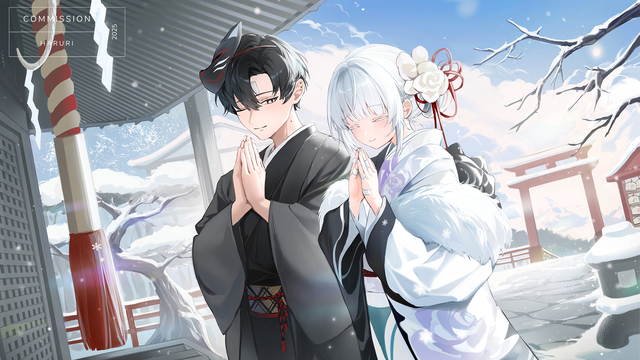 haruri, original, commentary, commentary request, commission, english commentary, highres, mixed-language commentary, 1boy, 1girl, artist name, black hair, black kimono, blue sky, closed eyes, closed mouth, cloud, cowboy shot, curtained hair, dated, day, dutch angle, earrings, fox mask, hair bun, hair ornament, hands up, hatsumoude, japanese clothes, jewelry, kanzashi, kimono, long sleeves, looking at another, looking to the side, mask, mask on head, mole, mole on neck, new year, one eye closed, outdoors, own hands together, palms together, praying, short hair, shrine, sidelocks, single hair bun, sky, smile, snow, standing, stud earrings, torii, very short hair, white eyes, white hair, white kimono, wide sleeves, winter, wispy bangs