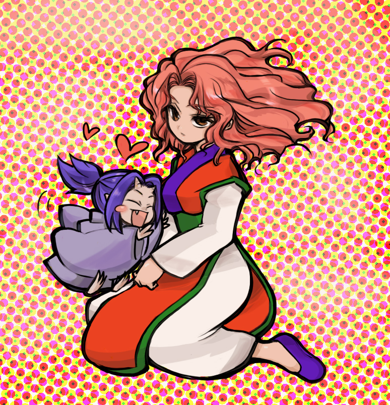 momo&a, genkai, shishiwakamaru, yuu yuu hakusho, 1boy, 1girl, brown eyes, chibi, couple, heart, long hair, pink hair, ponytail, purple hair, sitting