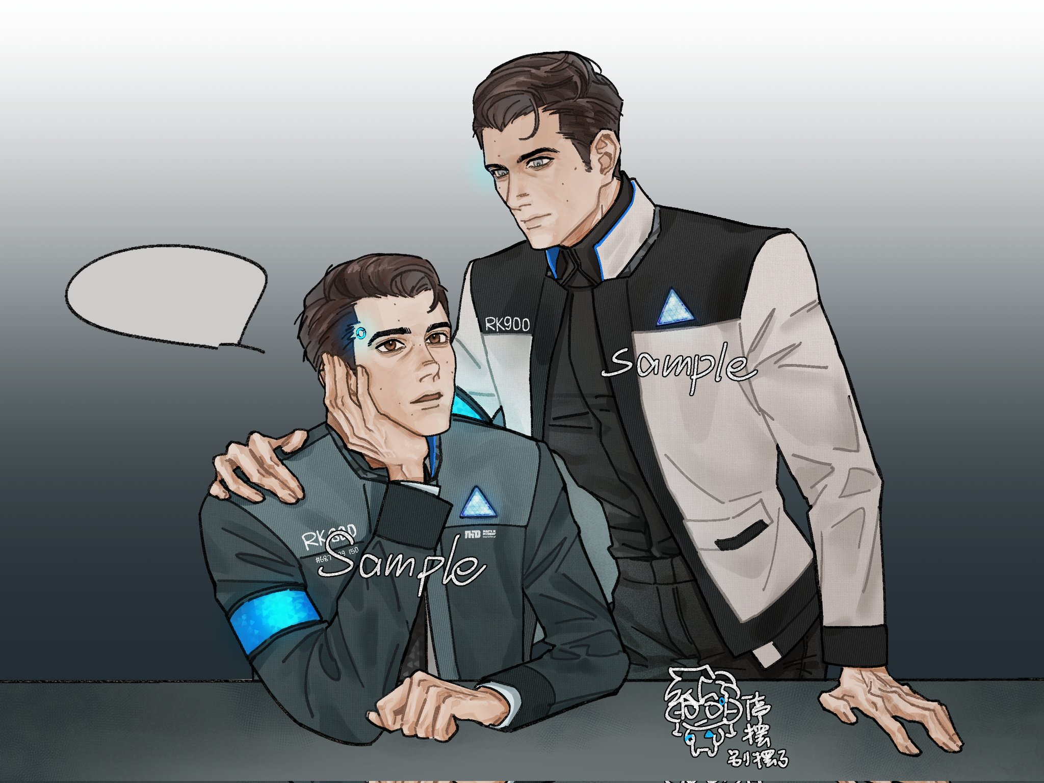 connor (detroit), detroit: become human, commentary, commission, english commentary, highres, 2boys, black jacket, chinese text, english text, gradient background, hand on another's shoulder, hand on own face, hand up, jacket, looking at another, looking at viewer, multiple boys, resvina3, rk900 (detroit), sample watermark, sitting, standing, watermark, white jacket
