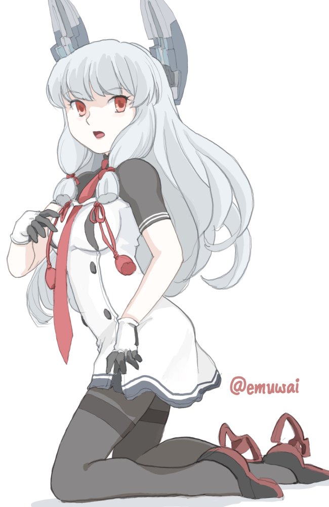emuwai, murakumo (kancolle), murakumo kai ni (kancolle), kantai collection, commentary request, 1girl, black pantyhose, blunt bangs, blunt tresses, dress, floating headgear, full body, gloves, grey hair, headgear, kneeling, long hair, necktie, one-hour drawing challenge, pantyhose, red necktie, rudder footwear, simple background, solo, thighband pantyhose, twitter username, white background, white dress, white gloves