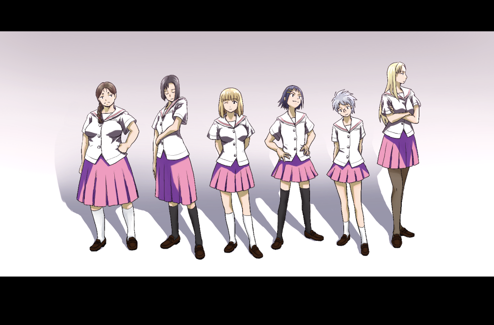 chinnokusyami, bundou seika, fukabori sumiyo, fukuji mihoko, ikeda kana, kubo takako, yoshitome miharu, ghost in the shell, ghost in the shell: stand alone complex, saki (manga), 6+girls, black socks, black thighhighs, ghost in the shell lineup, legs, letterboxed, lineup, multiple girls, old maid, pantyhose, parody, pleated skirt, school uniform, skirt, socks, thighhighs