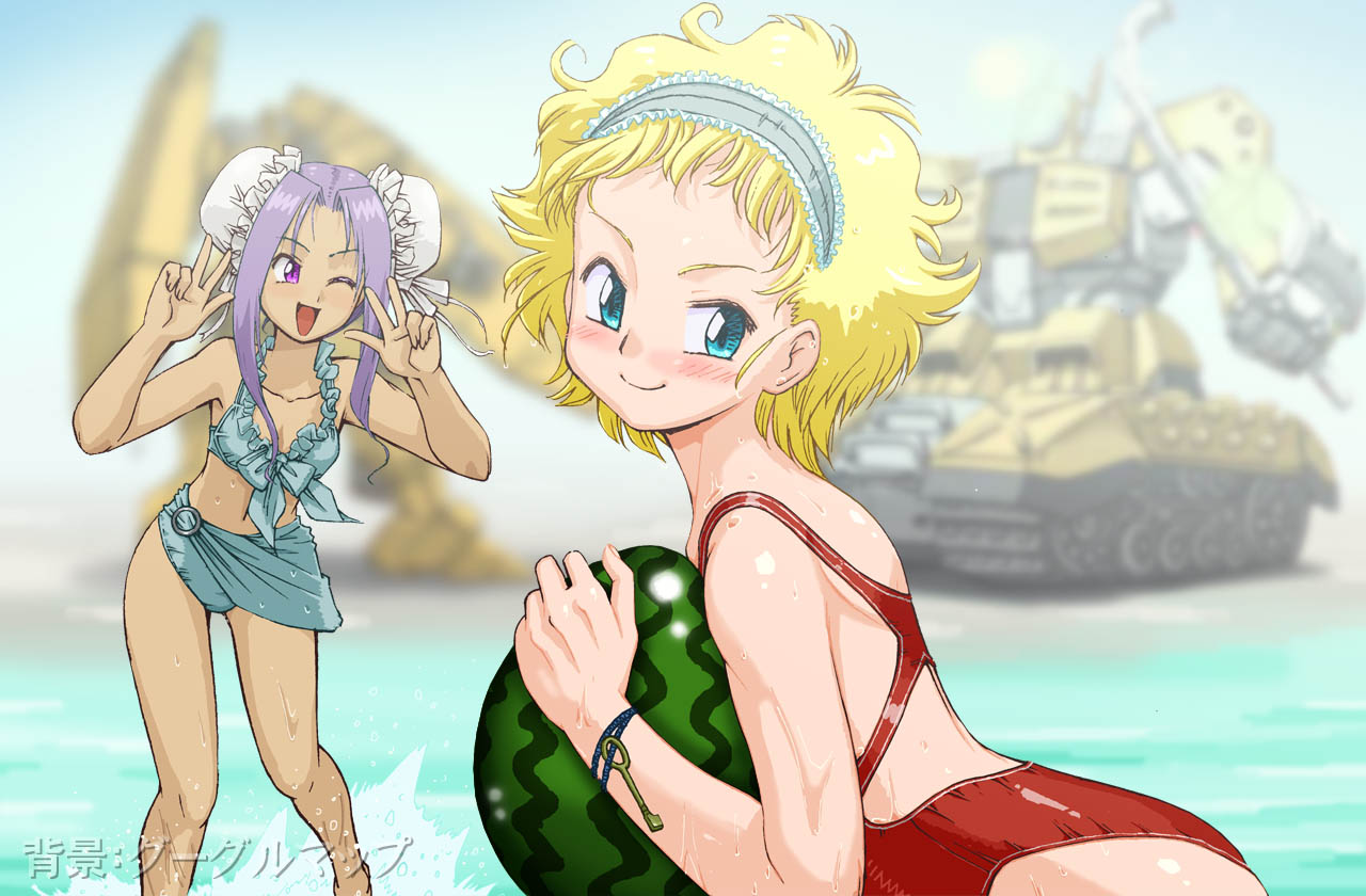 protonozawa, original, 2girls, beach, bikini, blonde hair, blue bikini, blue bow, blue eyes, blue sarong, blurry, blurry background, bow, bow bikini, bracelet, breasts, bun cover, caterpillar tracks, closed mouth, competition swimsuit, dark-skinned female, dark skin, double bun, double w, food, frilled bikini, frilled hairband, frills, fruit, grey hairband, hair bun, hairband, hands up, jewelry, key, leaning forward, looking back, mecha, multiple girls, navel, one-piece swimsuit, one eye closed, open mouth, outdoors, purple eyes, purple hair, racerback, red one-piece swimsuit, robot, sarong, short hair, small breasts, smile, standing, swimsuit, w, watermelon, wet