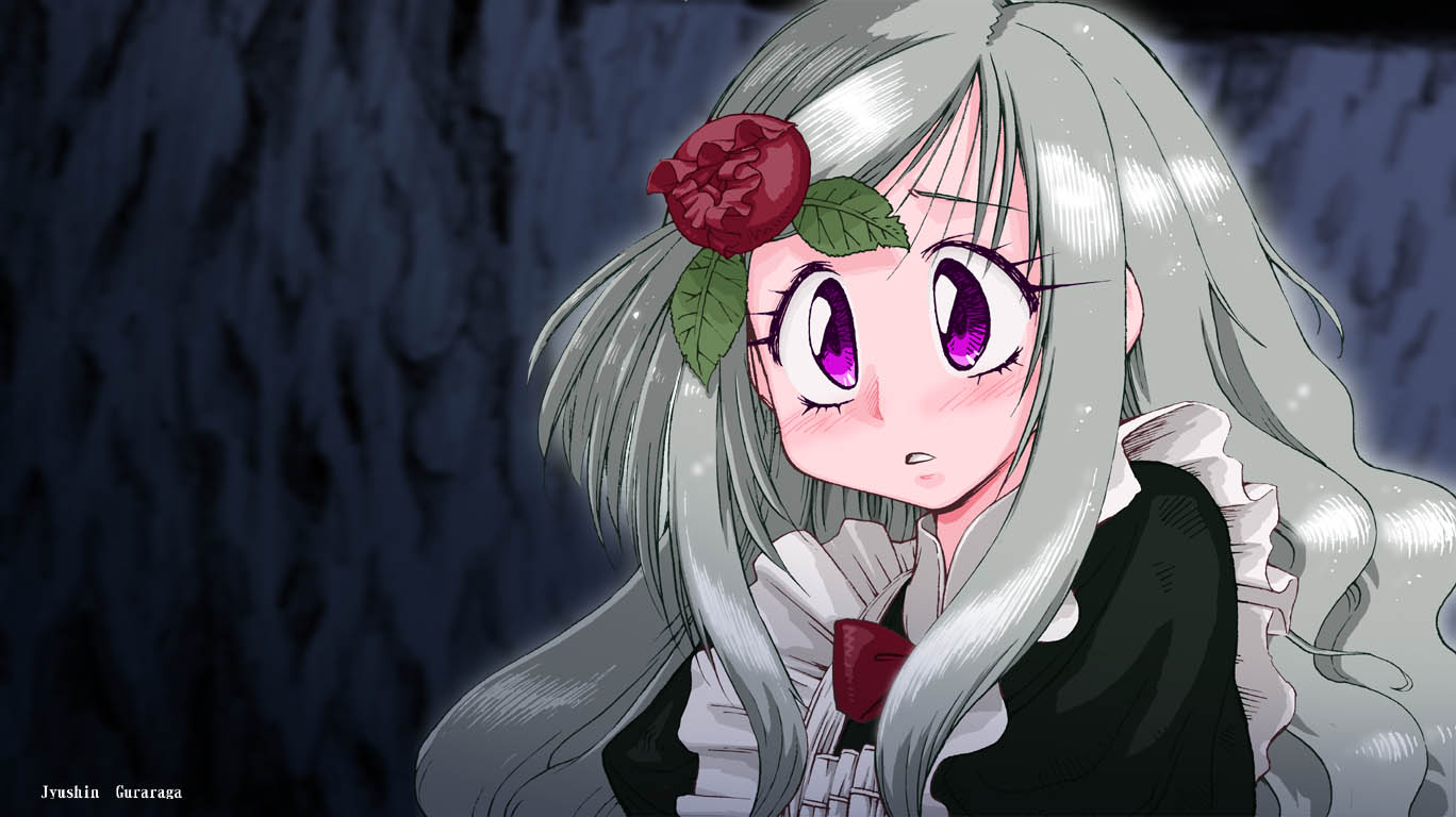protonozawa, original, 1girl, apron, black shirt, bow, bowtie, bud, cave, flower, frilled apron, frills, grey hair, hair flower, hair ornament, juliet sleeves, leaf, leaf hair ornament, long hair, long sleeves, parted lips, portrait, puffy sleeves, purple eyes, red bow, red bowtie, red flower, red rose, rose, shirt, solo, wavy hair, white apron