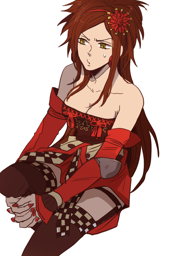 sudachips, kai (sengoku musou), sengoku musou, sengoku musou 3, bad id, bad pixiv id, 1girl, bare shoulders, breasts, brown hair, cleavage, detached sleeves, female focus, flower, hair flower, hair ornament, hairband, long hair, nail polish, pantyhose, red nails, sitting, solo, sweatdrop, thighhighs, very long hair, yellow eyes