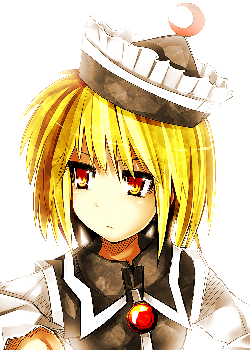 kazetto, lunasa prismriver, touhou, 1girl, blonde hair, crescent, female focus, hat, short hair, solo, yellow eyes