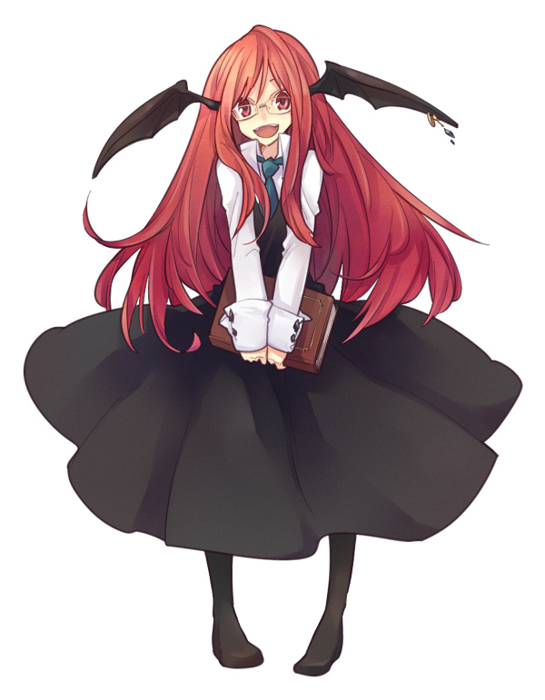 nakatani, koakuma, embodiment of scarlet devil, touhou, 1girl, :d, bat wings, bespectacled, book, cuffs, earrings, female focus, glasses, happy, head wings, jewelry, long hair, long sleeves, looking at viewer, necktie, open mouth, pantyhose, piercing, red eyes, red hair, simple background, sleeve cuffs, smile, solo, white background, wing piercing, wings