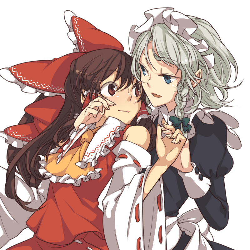 nakatani, hakurei reimu, izayoi sakuya, touhou, silver hair, 2girls, blue eyes, braid, brown eyes, brown hair, detached sleeves, female focus, holding hands, interlocked fingers, japanese clothes, maid, miko, multiple girls, twin braids, yuri