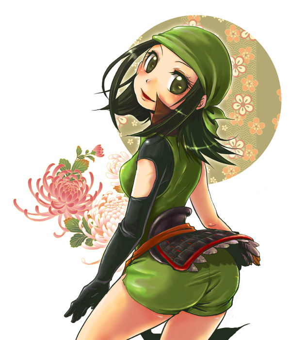 seia megumu, matsu (sengoku basara), sengoku basara, 00s, 1girl, armor, ass, bandana, female focus, green eyes, green hair, looking back, matching hair/eyes, short shorts, shorts, smile, solo