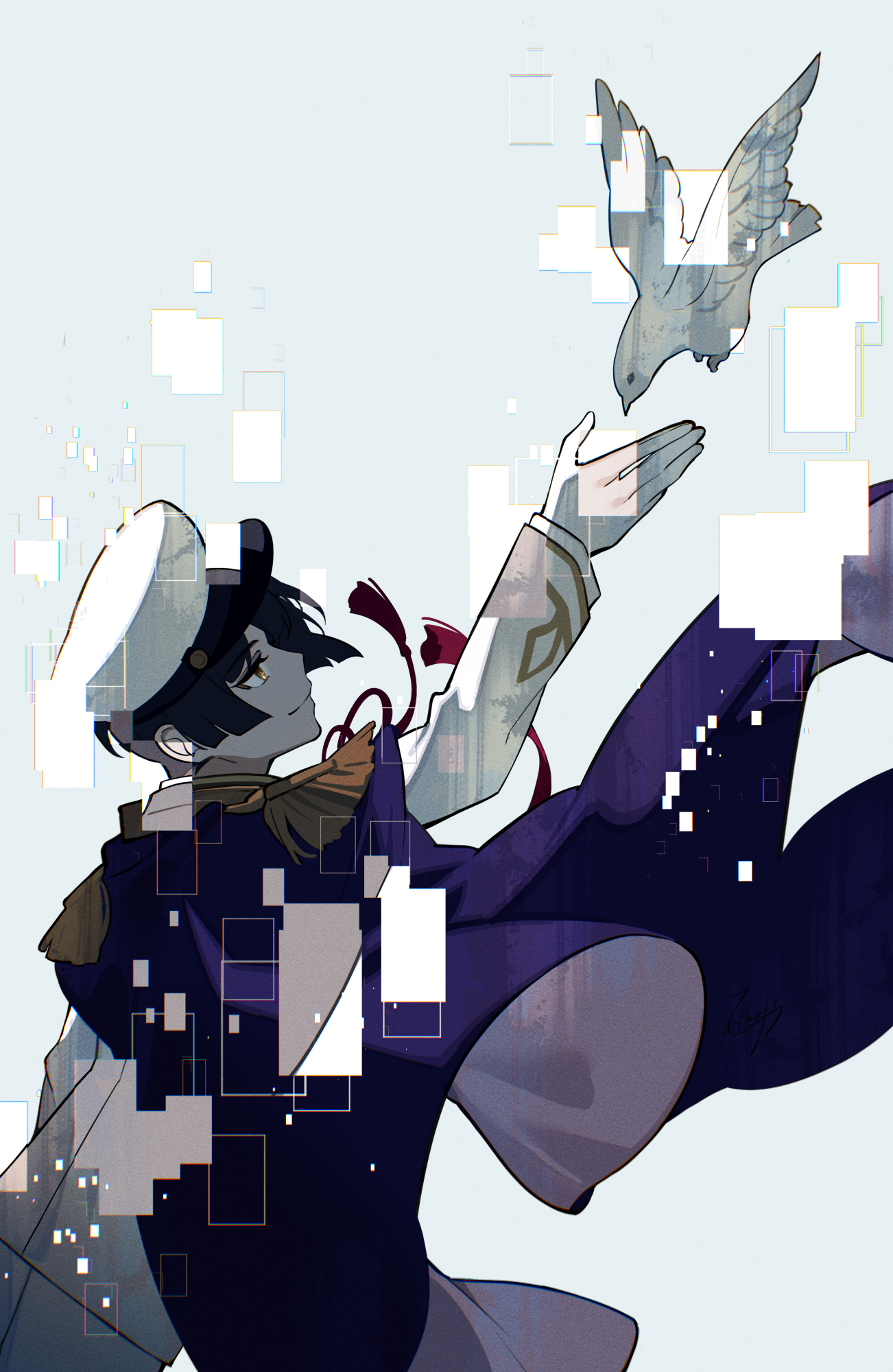 hizuki miya, japan (hetalia), axis powers hetalia, commentary request, highres, 1boy, arm up, blue cape, blunt ends, cape, epaulettes, grey background, hat, long sleeves, male focus, red eyes, shirt, simple background, sitting, smile, solo, tassel, upper body, white hat, white shirt