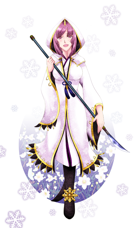 maukougo, aya (sengoku musou), sengoku musou, sengoku musou 3, 1girl, female focus, full body, hood, long hair, naginata, open mouth, polearm, purple eyes, purple hair, robe, solo, weapon, white background