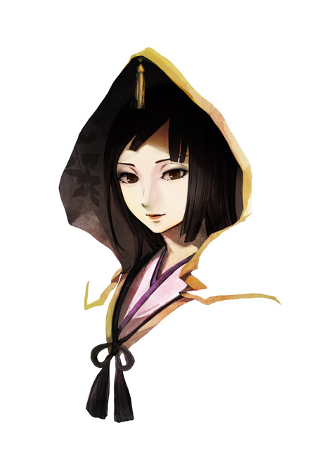 saintpaulia, aya (sengoku musou), sengoku musou, sengoku musou 3, 1girl, black eyes, black hair, female focus, hood, long hair, simple background, solo, white background