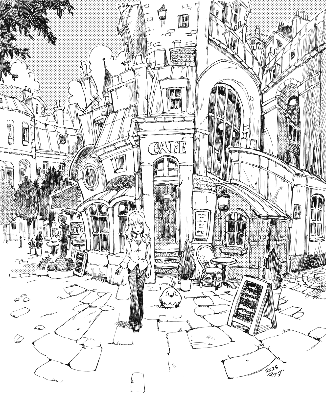 matsuda (matsukichi), original, commentary request, highres, . ., 1girl, arms at sides, bird, building, cafe, closed mouth, english text, greyscale, lineart, long hair, long sleeves, monochrome, outdoors, pants, people, scenery, shirt, smile, solo focus, walking, wide shot