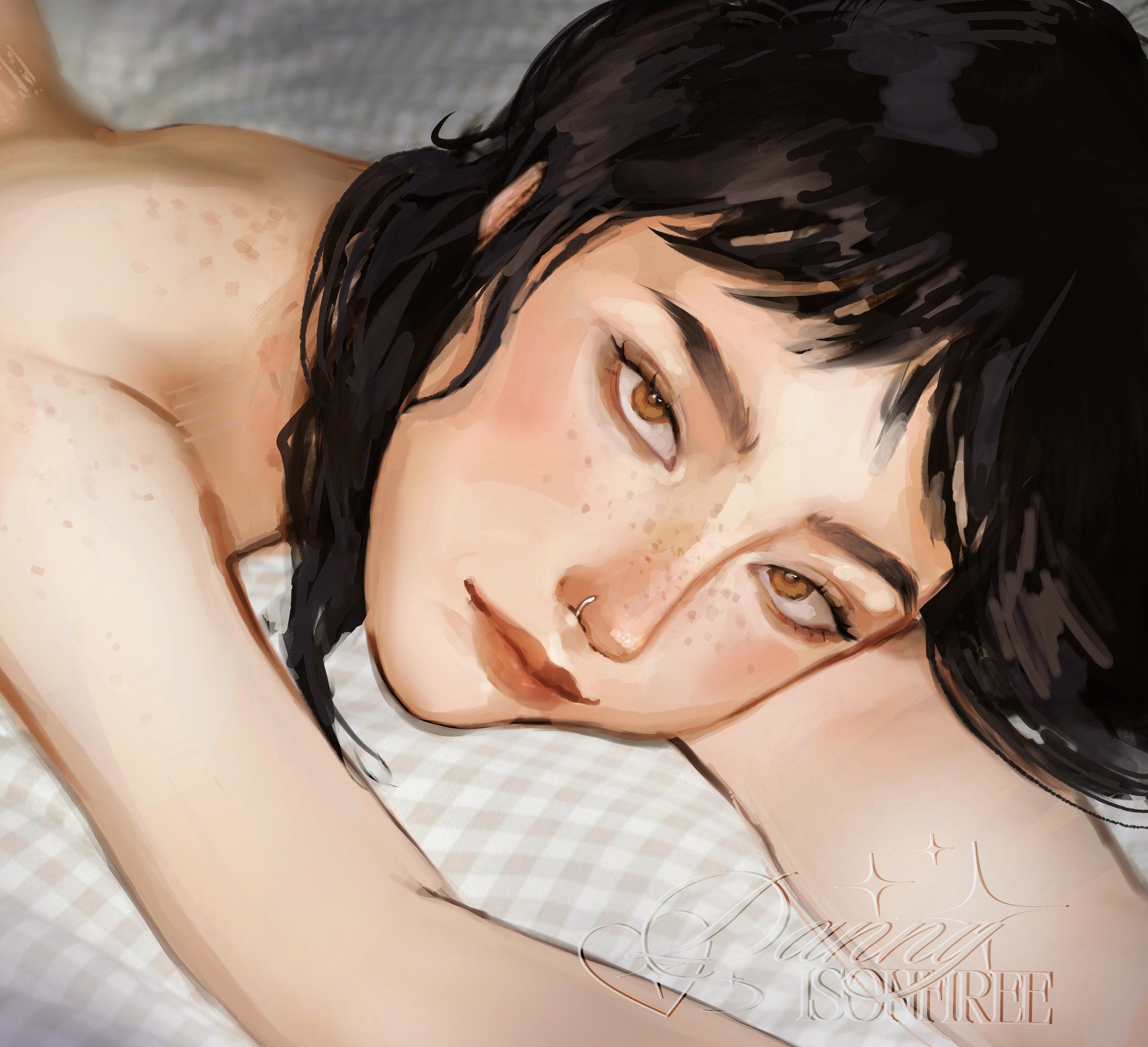 dannyisonfiree, zoey (kpop demon hunters), kpop demon hunters, absurdres, commentary, cropped, english commentary, highres, paid reward available, 1girl, arm pillow, arm rest, bed sheet, black hair, blunt bangs, brown eyes, face piercing, freckles, head on arm, head rest, looking at viewer, lying, nose piercing, nose ring, nude, on stomach, orange lips, painterly, piercing, short hair, solo, watermark