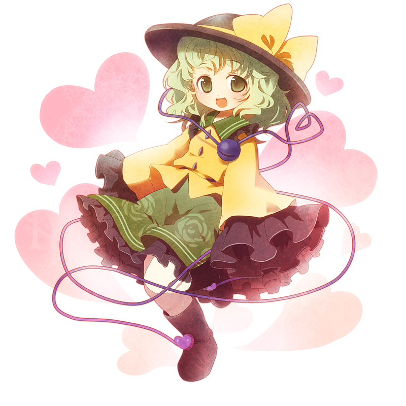 chaba (hortensia), komeiji koishi, touhou, 1girl, female focus, green eyes, green hair, hat, heart, heart of string, matching hair/eyes, short hair, solo