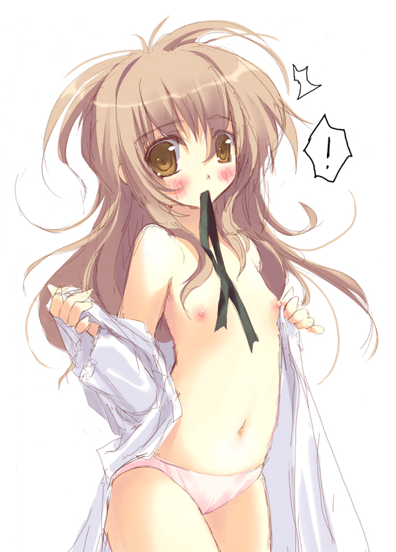tsurusaki takahiro, copyright request, !, 1girl, blush, female focus, flat chest, loli, long hair, mouth hold, nipples, panties, pink panties, ribbon, ribbon in mouth, solo, underwear, undressing