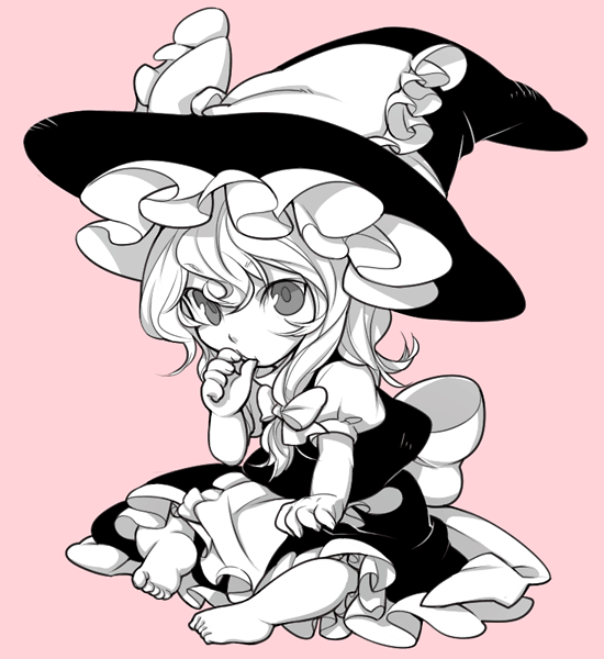 nakatani, kirisame marisa, touhou, 1girl, aged down, barefoot, child, feet, female focus, full body, hat, monochrome, simple background, solo, thumb sucking, toddler, witch, witch hat