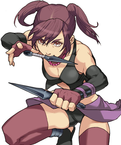 yukitada, kunoichi (sengoku musou), sengoku musou, sengoku musou 1, bad id, bad pixiv id, lowres, 1girl, alternate costume, arm support, bare shoulders, bike shorts, breasts, brown eyes, brown hair, cleavage, dagger, elbow gloves, female focus, fingerless gloves, gloves, jewelry, knife, kunai, large breasts, long hair, mouth hold, muscular, necklace, ninja, short twintails, solo, thighhighs, twintails, weapon