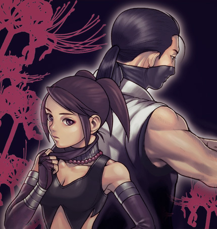 yukitada, hattori hanzo (sengoku musou), kunoichi (sengoku musou), sengoku musou, lowres, 1boy, 1girl, alternate costume, bare shoulders, black hair, brown eyes, brown hair, couple, elbow gloves, fingerless gloves, gloves, half mask, jewelry, long hair, mask, necklace, ponytail, twintails