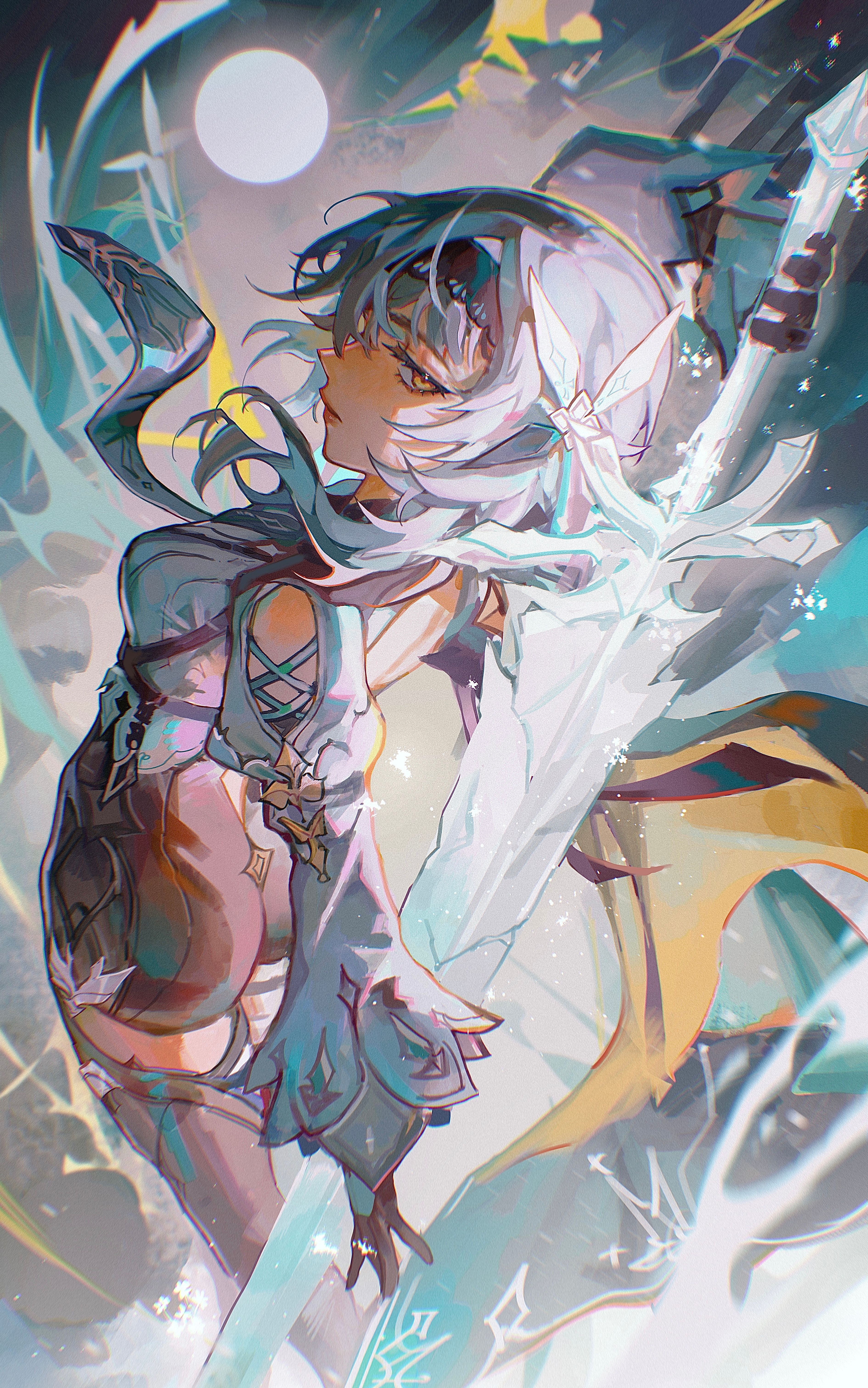 oastlv, eula (genshin impact), genshin impact, absurdres, commentary, english commentary, highres, 1girl, arm up, ass, aura, back, black gloves, black hairband, blue cape, blue hair, blue necktie, boots, breasts, cape, chest harness, clothing cutout, foot out of frame, from behind, gloves, glowing, glowing sword, glowing weapon, greatsword, hair between eyes, hair ornament, hairband, harness, high-waist shorts, holding, holding behind back, holding sword, holding sword behind back, holding weapon, holding weapon behind back, lips, long sleeves, medium breasts, medium hair, necktie, outstretched arm, parted lips, shorts, shoulder cutout, sidelocks, solo, sword, thigh boots, weapon, white sleeves, wide sleeves, yellow eyes