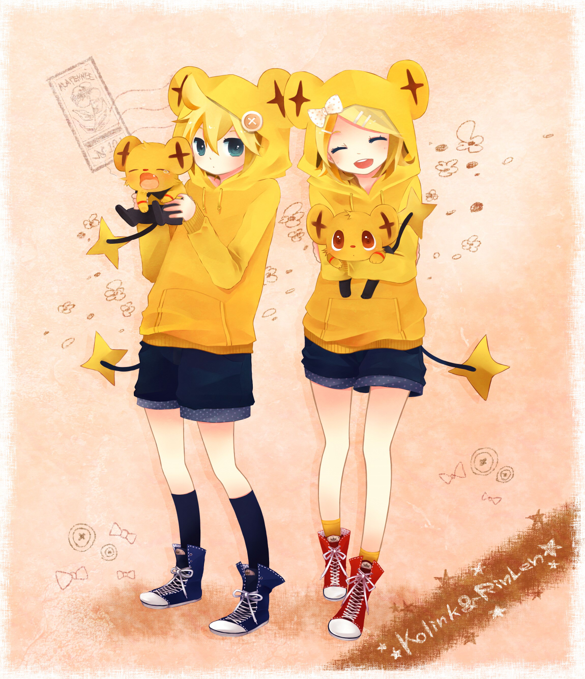 potako, kagamine len, kagamine rin, shinx, nintendo, pokemon, vocaloid, bad id, bad pixiv id, highres, 1boy, 1girl, animal ears, blonde hair, blue eyes, brother and sister, closed eyes, gen 4 pokemon, hair ornament, hair ribbon, hairclip, hetero, hood, hoodie, hug, kneehighs, open mouth, pokemon (creature), red eyes, ribbon, shoes, short hair, shorts, siblings, smile, sneakers, socks, tail, tears, twins, yawning