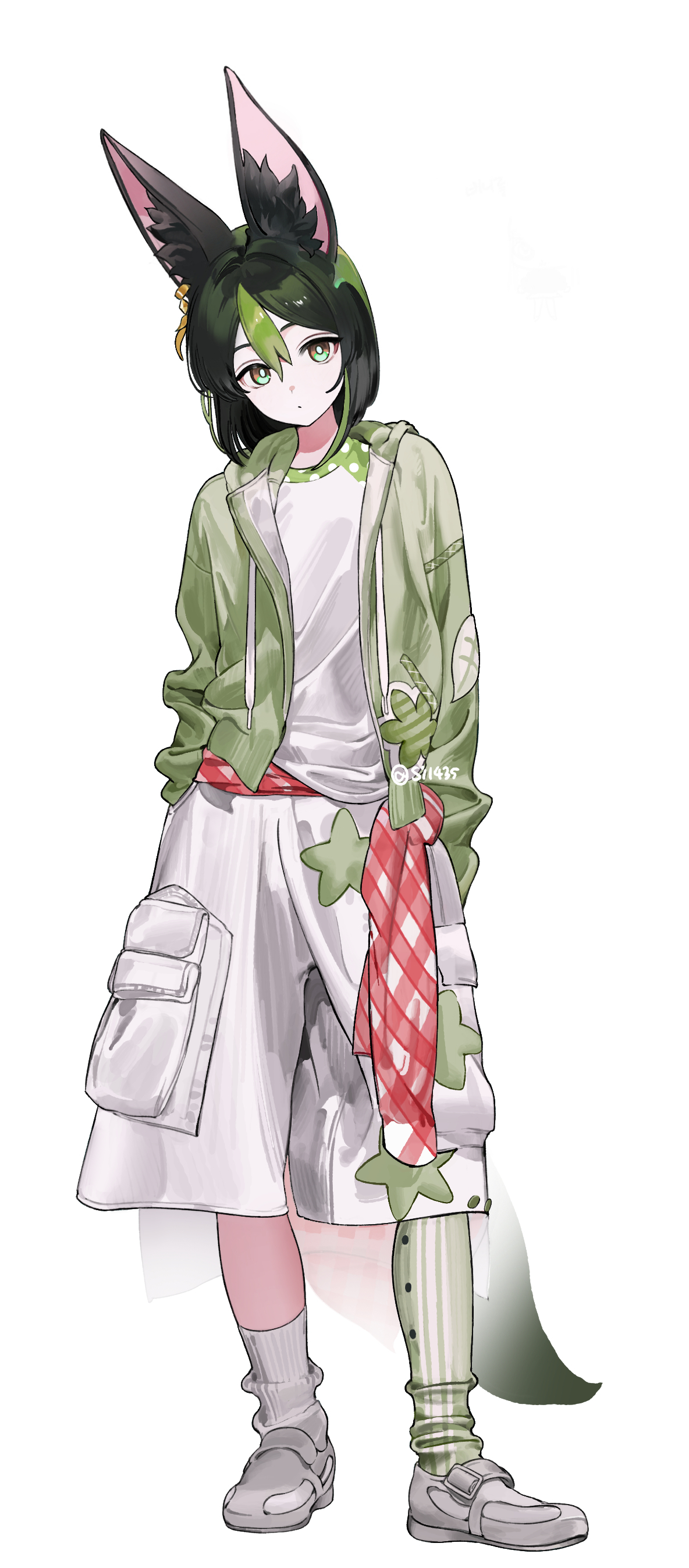 sil435, tighnari (genshin impact), genshin impact, absurdres, commentary, hashtag-only commentary, highres, 1boy, alternate costume, animal ear fluff, animal ears, black hair, brown eyes, closed mouth, drawstring, fox boy, fox ears, fox tail, full body, green eyes, green jacket, green streaks, grey shoes, hair between eyes, hands in pockets, head tilt, jacket, looking at viewer, male focus, medium hair, multicolored eyes, multicolored hair, pants, shirt, shoes, solo, standing, streaked hair, tail, two-tone eyes, white pants, white shirt