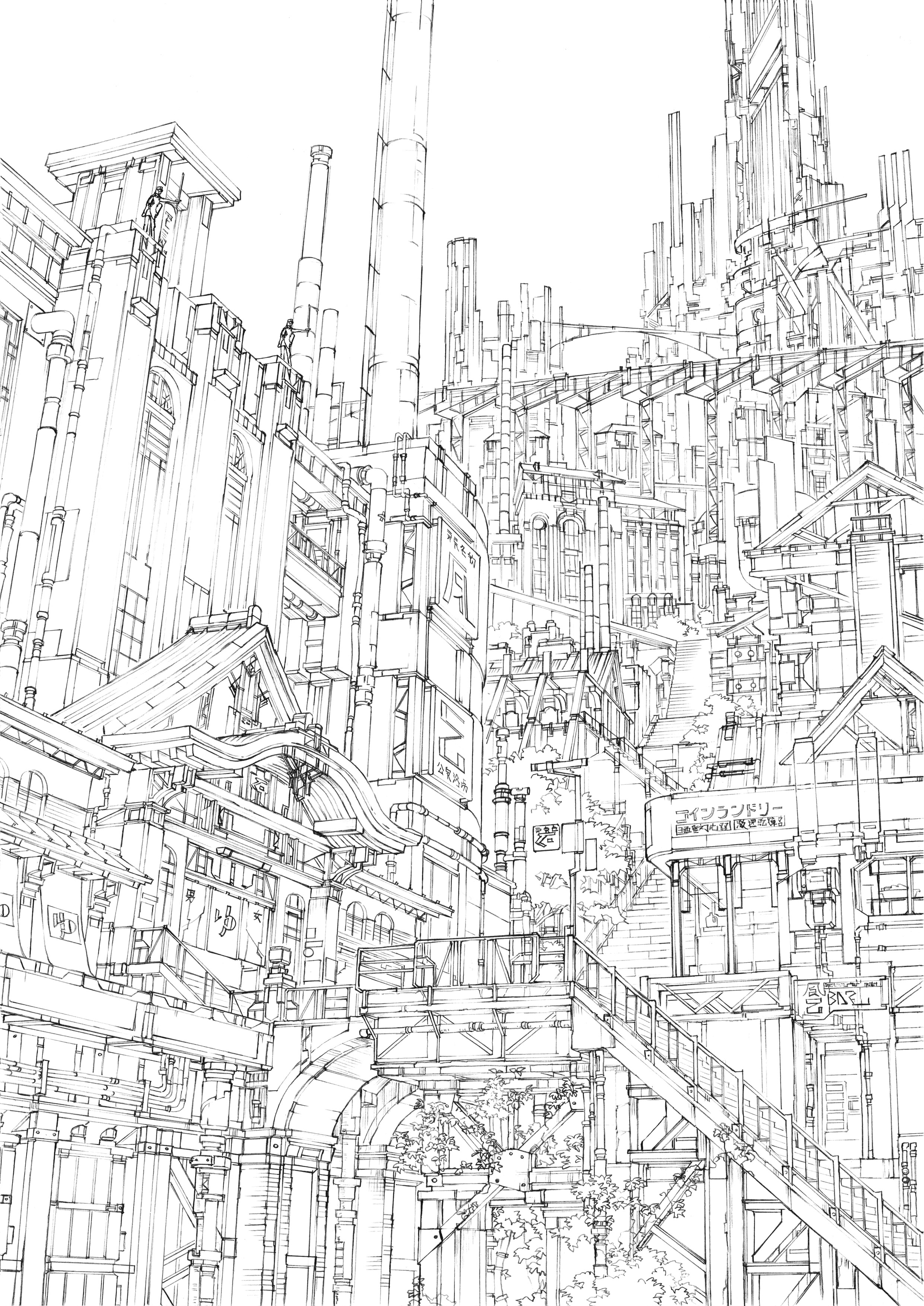 k kanehira, original, absurdres, commentary request, highres, cityscape, greyscale, lineart, monochrome, no humans, outdoors, scenery, smokestack, stairs