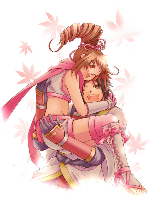 choco-tan, kunoichi (sengoku musou), sanada yukimura (sengoku musou), sengoku musou, sengoku musou 3, 1boy, 1girl, brown eyes, brown hair, carrying, couple, gloves, headband, long hair, open mouth, ponytail, sandals, scarf, short hair, short shorts, shorts, thighhighs