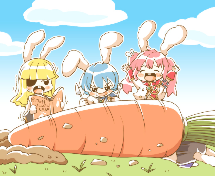 chiester00, chiester410, chiester45, chiester556, umineko no naku koro ni, 00s, blonde hair, carrot, eating, eyepatch, happy, pink hair