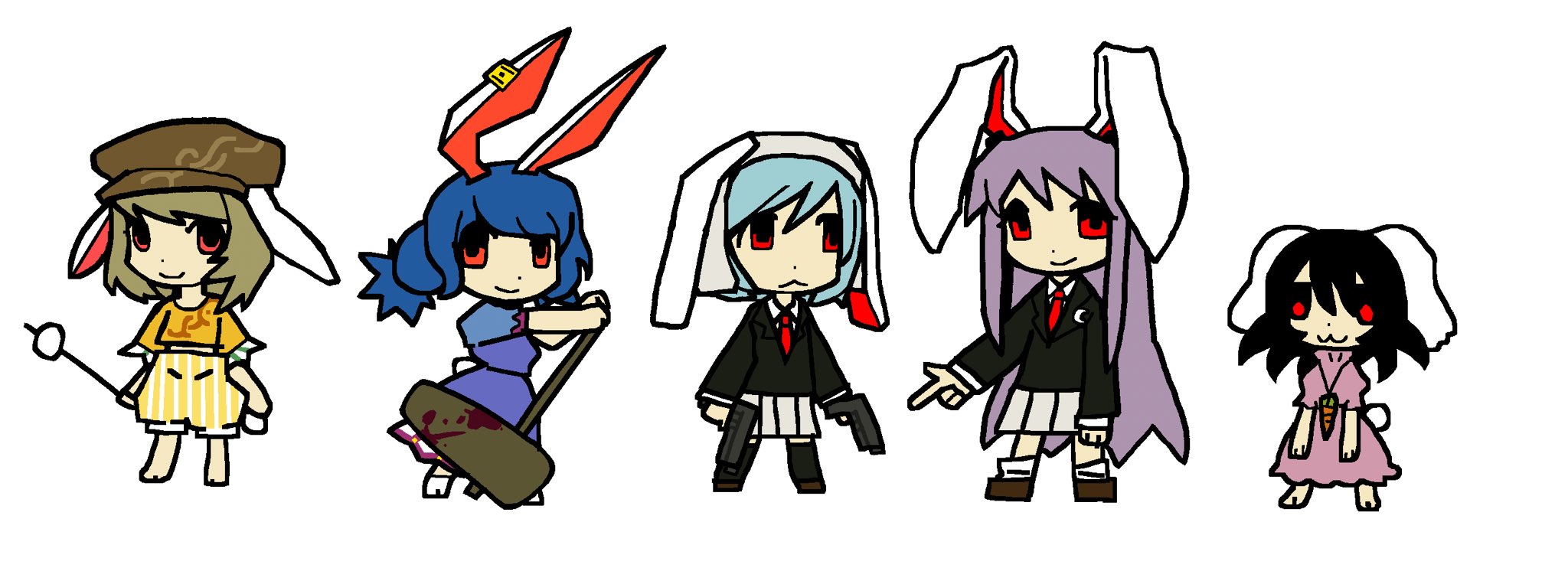 inaba tewi, reisen (touhou bougetsushou), reisen udongein inaba, ringo (touhou), seiran (touhou), touhou, commentary, english commentary, highres, 5girls, :<, absurdly long hair, animal ear piercing, animal ears, aoiseshin, baggy shorts, bare arms, barefoot, black boots, black hair, black jacket, black shoes, blazer, blonde hair, blood, bloody weapon, blue dress, blue hair, boots, brown hat, carrot necklace, chibi, closed mouth, collared shirt, dango, dot nose, dress, dual wielding, ears through headwear, expressionless, finger gun, flat color, floppy ears, food, frilled dress, frilled shorts, frilled sleeves, frills, frown, gold piercing, grey helmet, grey skirt, gun, hammer, handgun, happy, hat, height difference, helmet, high-waist shorts, holding, holding gun, holding hammer, holding skewer, holding weapon, jacket, jewelry, kneehighs, legs apart, long dress, long hair, long sidelocks, long sleeves, looking at viewer, loose socks, medium hair, miniskirt, multiple girls, necklace, necktie, newsboy cap, orange shirt, pink dress, pleated skirt, ponytail, puffy short sleeves, puffy sleeves, purple hair, rabbit ears, rabbit girl, rabbit tail, red eyes, red necktie, shirt, shoes, short sleeves, shorts, sidelocks, simple background, skewer, skirt, smile, socks, standing, straight hair, tabi, tail, thigh boots, trait connection, tsukimi dango, turtleneck, turtleneck dress, two-tone shorts, v-neck, very long hair, wagashi, weapon, white background, white shirt, white shorts, white socks, yellow shorts