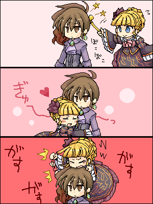 pote (ptkan), beatrice (umineko), ushiromiya natsuhi, umineko no naku koro ni, lowres, 00s, :>, blonde hair, blue eyes, brown hair, chibi, comic, dress, heart, hug, oekaki, silent comic, smoking pipe