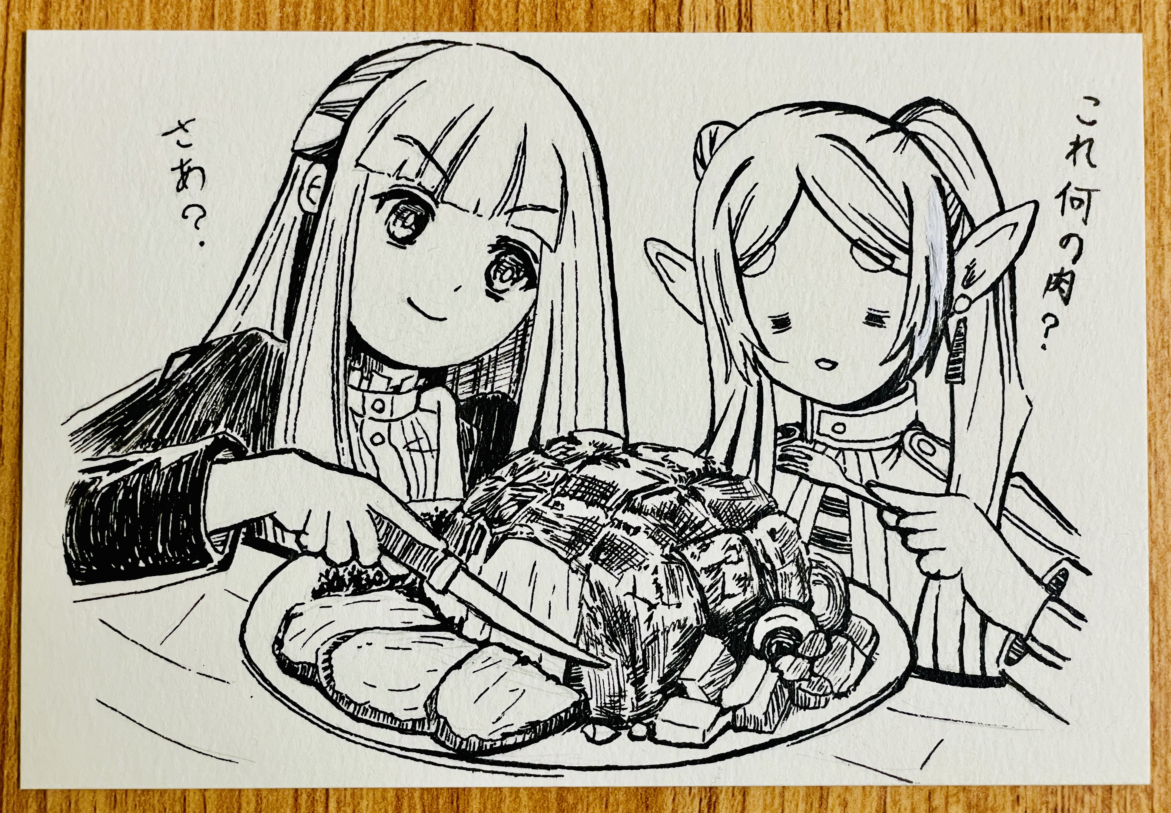 yousonn, fern (sousou no frieren), frieren, sousou no frieren, absurdres, commentary request, food request, highres, photo (medium), traditional media, translation request, 2girls, = =, blunt bangs, closed mouth, cutting, elf, food, fork, greyscale, holding, holding fork, holding knife, knife, lineart, long hair, long sleeves, meat, monochrome, multiple girls, plate, pointy ears, short eyebrows, smile, straight hair, twintails